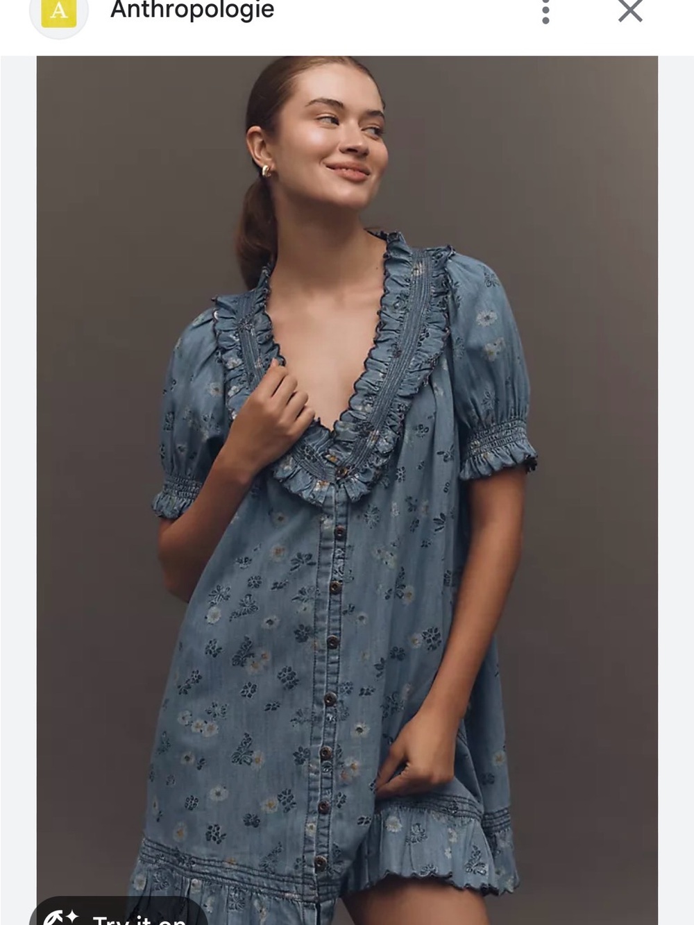 Anthropologie Blue Floral Ruffle-Trim Mini Dress - Picture 4 of 7